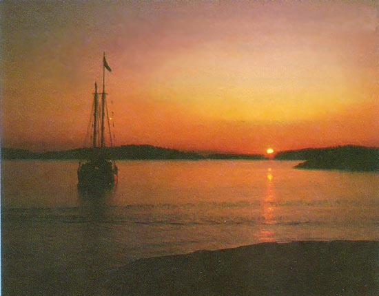 
The Stephan Taber anchored at sunset.
